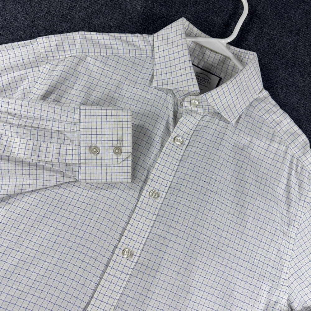 Charles Tyrwhitt Button Down Mens 16.5 36 White Blue Tattersall Classic Fit